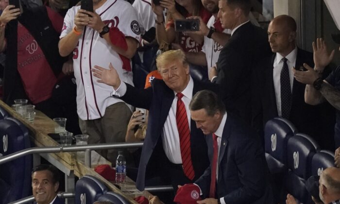 President Donald Trump is introduced during the third inning of Game 5 of the baseball World Series between the Houston Astros and the Washington Nationals in Washington on, Oct. 27, 2019. (AP Photo/Pablo Martinez Monsivais)
