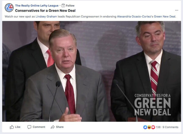 FILE PHOTO: A screengrab from a video shows U.S. Senator Lindsey Graham (R-SC) appearing in a Facebook ad run by a PAC called The Really Online Lefty League, which falsely claims that he supports the Green New Deal, in order to draw attention to issues around Facebook ad policies, Oct. 25, 2019. (The Really Online Lefty League/Facebook via Reuters)