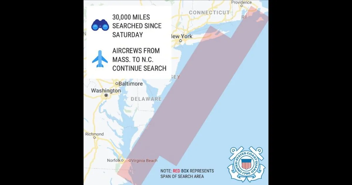 Map of search area for two missing boaters and their dog reported missing on Oct. 25. The boaters and dogs were found on Oct. 28, 2019. (USCG 1st District Northeast)
