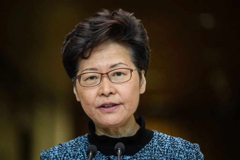 Hong Kong leader Carrie Lam speaks to the media during a press conference at the government headquarters in Hong Kong on Oct. 29, 2019. (Anthony Wallace/AFP via Getty Images)