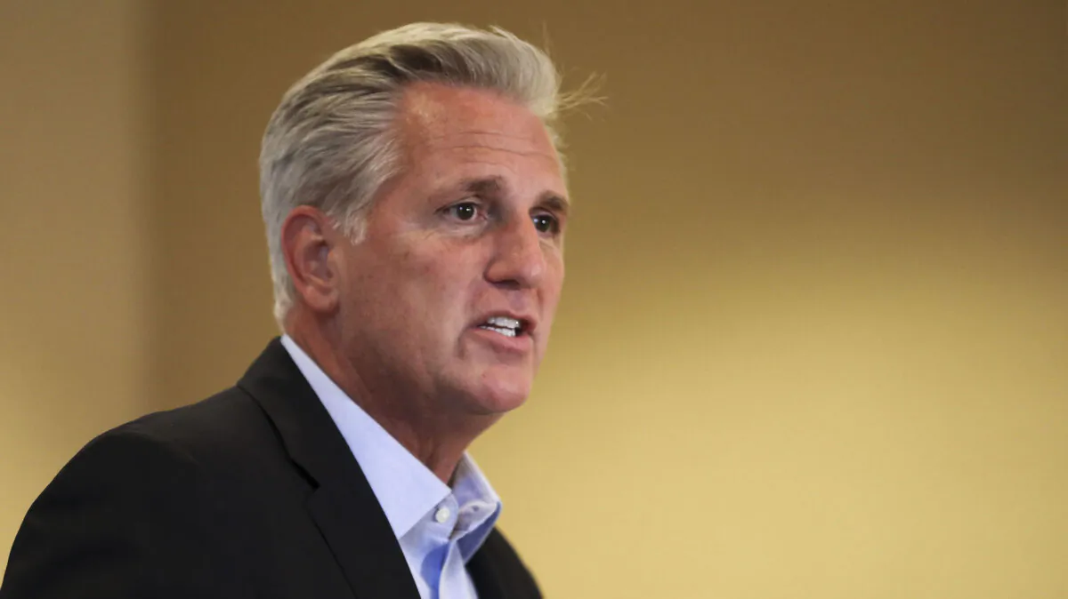 House Republican Leader Kevin McCarthy (R-Calif.) speaks at the House Republican Members’ Retreat in Baltimore, Md., on Sept. 12, 2019. (Samira Bouaou/The Epoch Times)