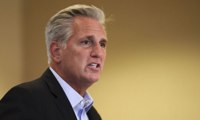 House Republican Leader Kevin McCarthy (R-Calif.) speaks at the House Republican Members’ Retreat in Baltimore, Md., on Sept. 12, 2019. (Samira Bouaou/The Epoch Times)