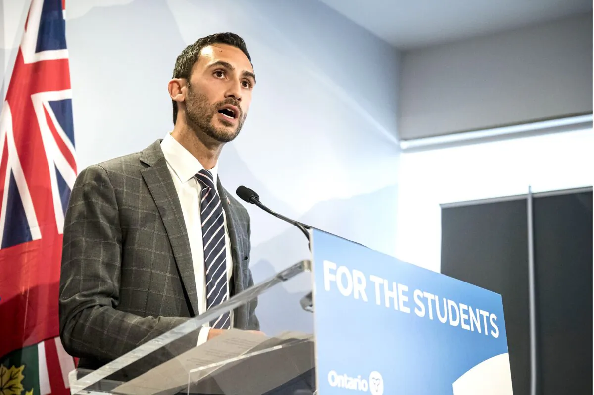 Ontario Minister of Education Stephen Lecce gives remarks at a press conference in Toronto on Aug. 22, 2019. (The Canadian Press/Christopher Katsarov)