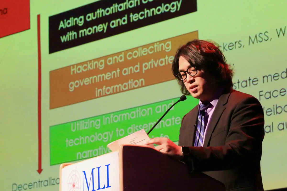 Puma Shen, an assistant professor at the National Taipei University, gives a talk at panel discussion on "Blunting China's Sharp Power" in Ottawa, Canada, on Oct. 28, 2019. (Donna He/The Epoch Times)