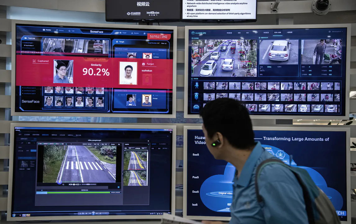  A display for facial recognition and artificial intelligence is seen on monitors at Huawei's Bantian campus on April 26, 2019 in Shenzhen, China. (Kevin Frayer/Getty Images)