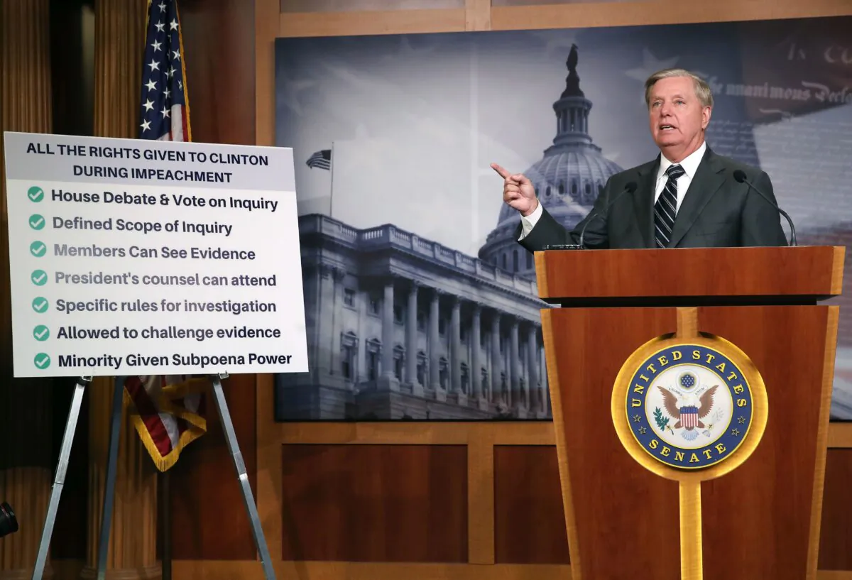 Senate Judiciary Committee Chairman Lindsey Graham (R-S.C.), talks about the Clinton impeachment while introducing a resolution condemning House Impeachment inquiry against President Donald Trump, at the U.S. Capitol on Oct. 24, 2019. (Mark Wilson/Getty Images)