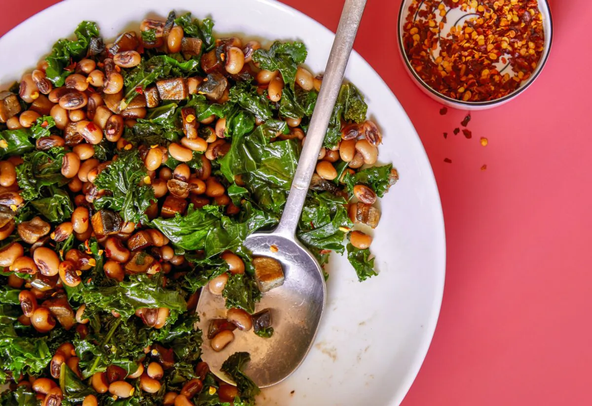 Mushroom 'lardons' with black-eyed peas and greens. (Kate Sears)