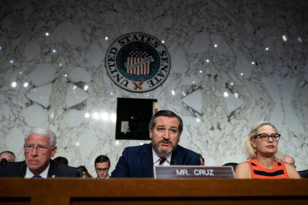 (L-R) Commerce Committee chairman Sen. Roger Wicker (R-MS), subcommittee chairman Sen. Ted Cruz (R-TX) and subcommittee ranking member Sen. Krysten Sinema (D-AZ) attend a Senate Commerce Subcommittee on Aviation and Space hearing about the current state of airline safety in the Hart Senate Office Building, March 27, 2019 in Washington, DC. (Drew Angerer/Getty Images) 