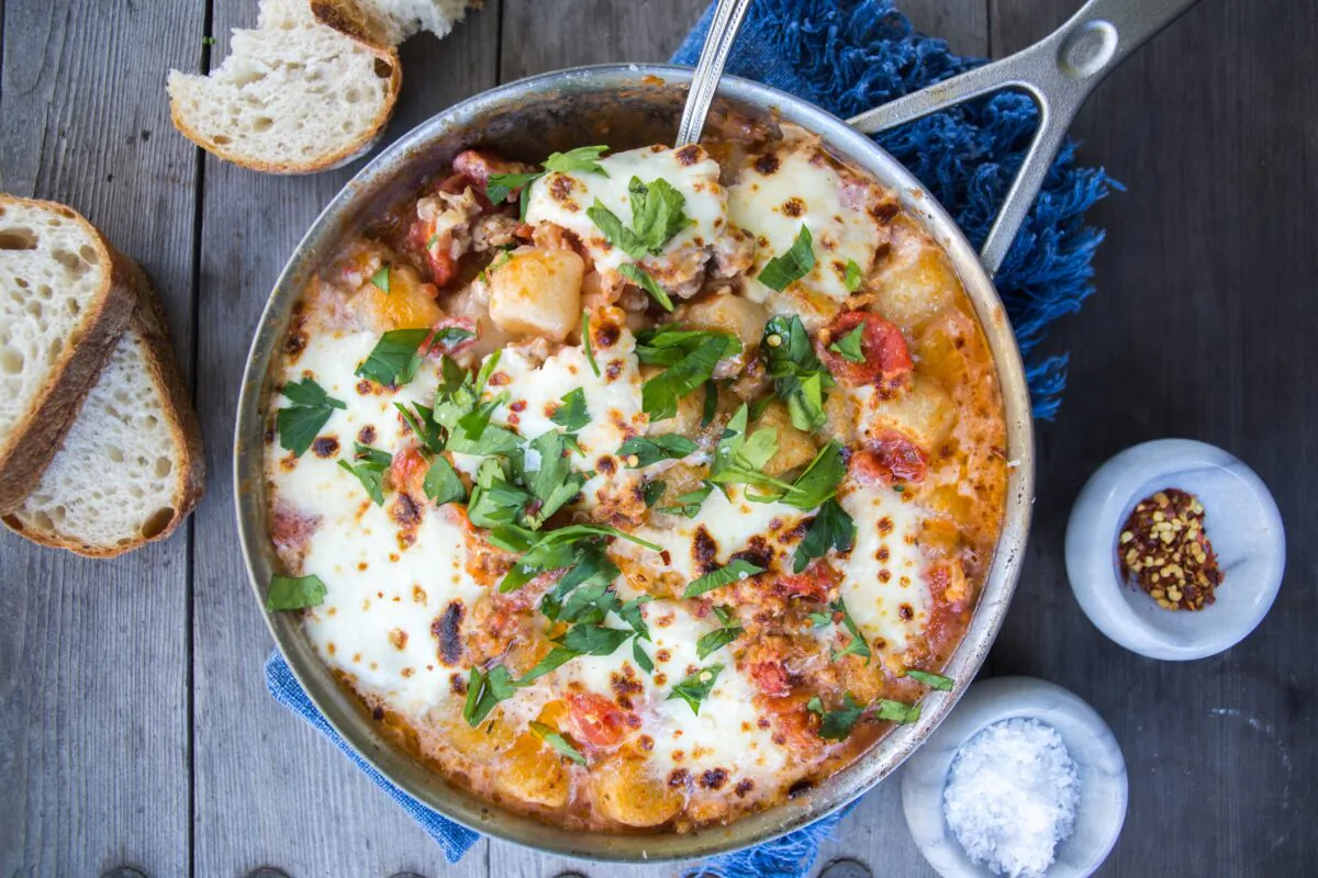 This chicken parm gnocchi bake combines a lean protein, a hearty starch, and a whole lot of comfort. (Caroline Chambers)