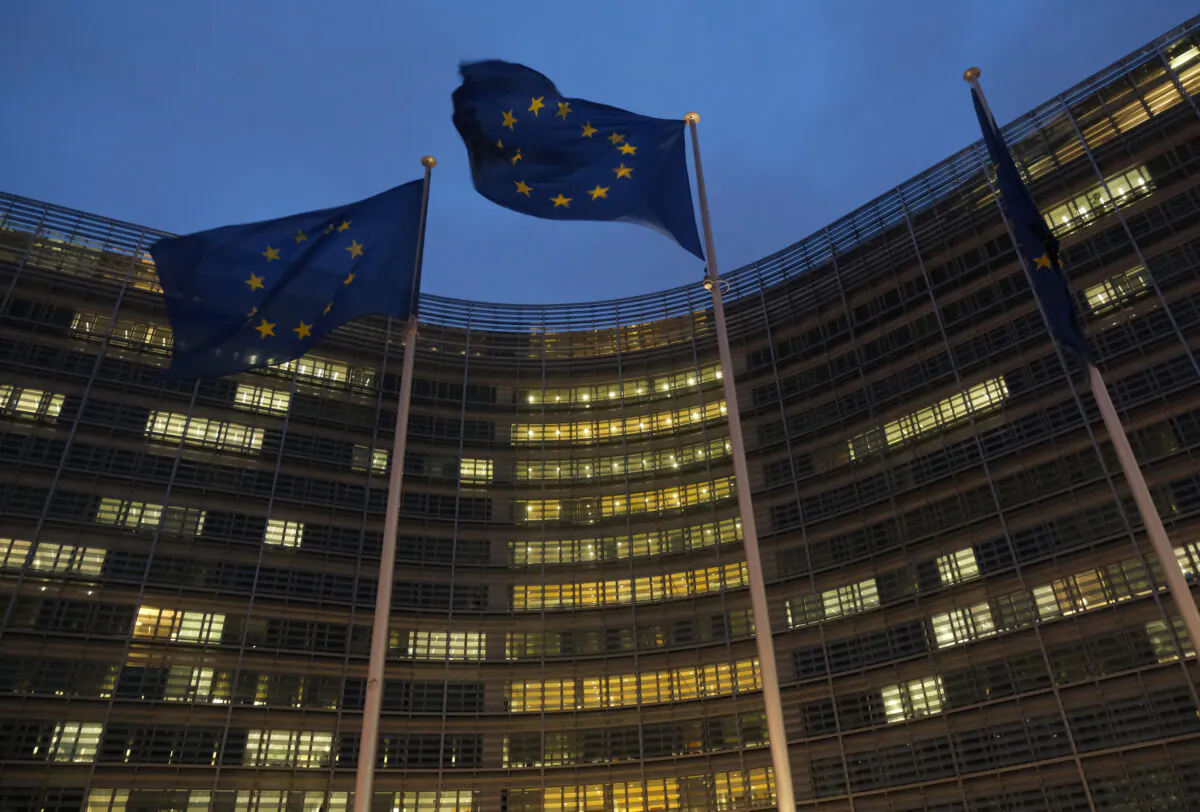 Flags of the European Union fly outside the Berlaymont building of the European Commission in Brussels, Belgium on Oct. 16, 2019. (Sean Gallup/Getty Images)