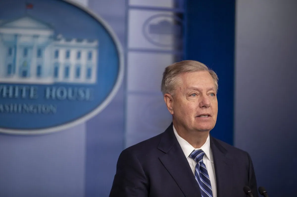 Sen. Lindsey Graham (R-S.C.) speaks to the media after President Donald Trump delivered remarks on the death of ISIS leader Abu Bakr al-Baghdadi, at the White House in Washington on Oct. 27, 2019. (Tasos Katopodis/Getty Images)