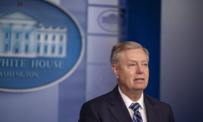 Sen. Lindsey Graham (R-S.C.) speaks to the media after President Donald Trump delivered remarks on the death of ISIS leader Abu Bakr al-Baghdadi, at the White House in Washington on Oct. 27, 2019. (Tasos Katopodis/Getty Images)