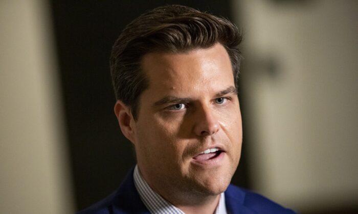 Rep. Matt Gaetz (R-Fla.), ranking member of the House Judiciary Committee, speaks to reporters outside of the Sensitive Compartmented Information Facility (SCIF) at the U.S. Capitol in Washington on Oct. 30, 2019. (Samuel Corum/Getty Images)