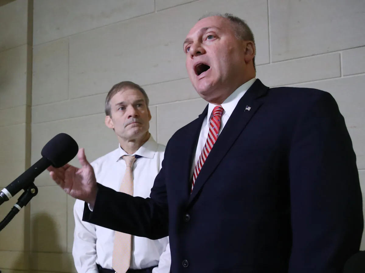 House Minority Whip Steve Scalise (R-La.) (R) and Rep. Jim Jordan (R-Ohio) speak to the media outside of a closed-door deposition on Capitol Hill in Washington on Oct. 29, 2019. (Mark Wilson/Getty Images)