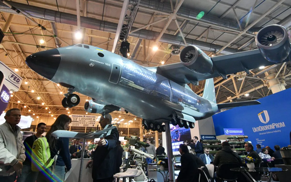 A model of an Antonov An-188 plane, with engines made by Motor Sich, is seen at the "Arms and Security" expo in Kyiv, Ukraine, on Oct. 10, 2018. (Genya Savilov/AFP/Getty Images)
