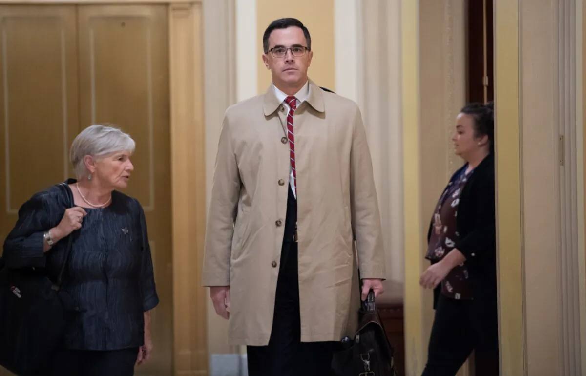 White House Russia expert Timothy Morrison arrives for a deposition for the House Impeachment inquiries at the US Capitol in Washington on Oct. 31, 2019. (Saul Loeb/AFP via Getty Images)