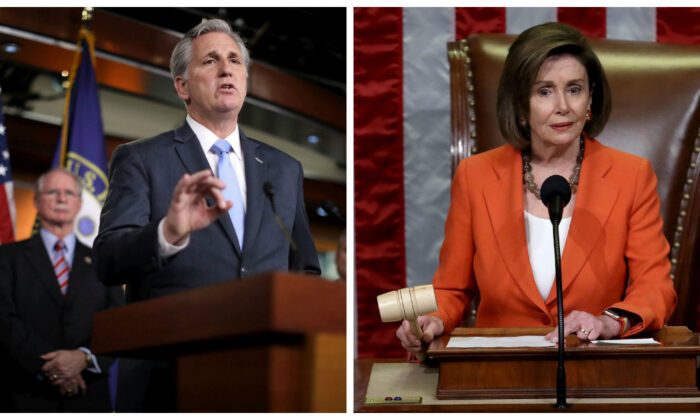 House Minority Leader Kevin McCarthy (R-Calif.) and House Speaker Nancy Pelosi (D-Calif.) in file photos. (Chip Somodevilla/Getty Images; Win McNamee/Getty Images)