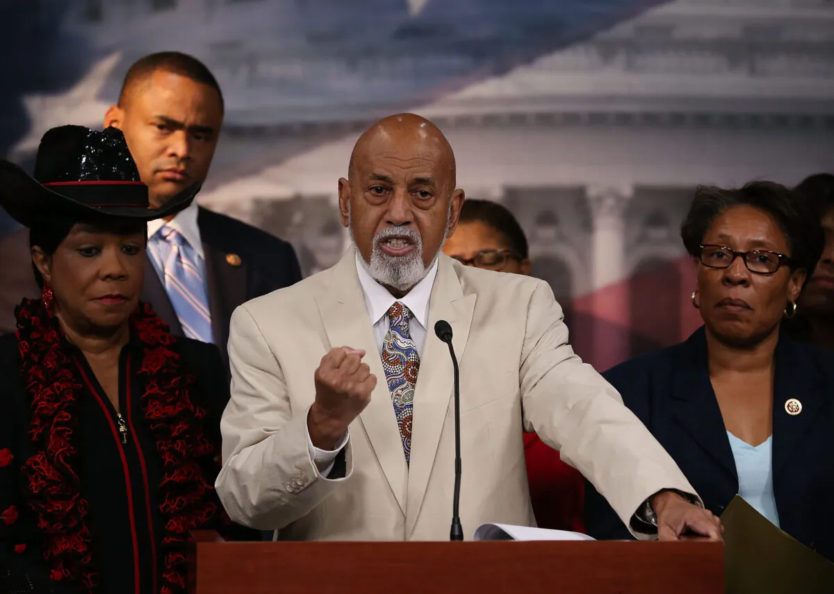 Rep. Alcee Hastings (D-Fla.), center, speaks about black judicial nominees, while flanked by (L-R) Rep. Fredrica Wilson (D-Fla.), Rep. Marc Veasey (D-Texas), Rep. Marcia Fudge (D-Ohio), during a news conference on Capitol Hill in Washington on July 17, 2013. (Mark Wilson/Getty Images)