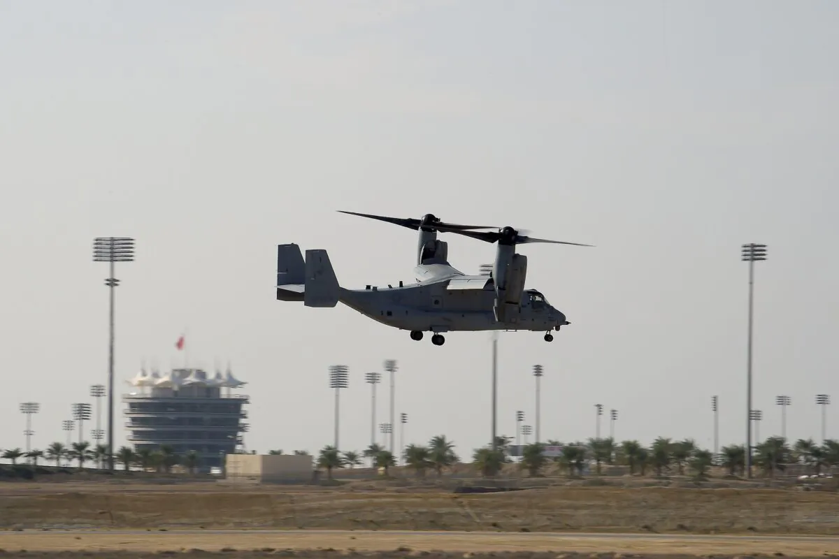 A U.S. Marine Corps Bell Boeing V-22 Osprey tiltrotor military aircraft performs air maneuvers during the 2018 Bahrain International Airshow at the Sakhir Airbase. (STR/AFP via Getty Images)
