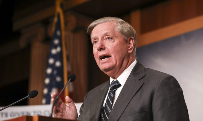 Sen. Lindsey Graham (R-S.C.) holds a press conference on Capitol Hill in Washington on Oct. 24, 2019. (Charlotte Cuthbertson/The Epoch Times)