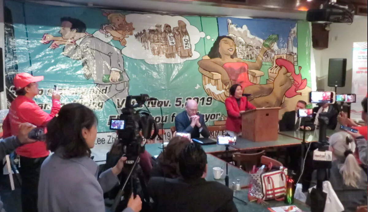 San Francisco mayoral candidate Ellen Lee Zhou speaking to the press on Nov. 1 in San Leandro, California. (Nathan Su/The Epoch Times)