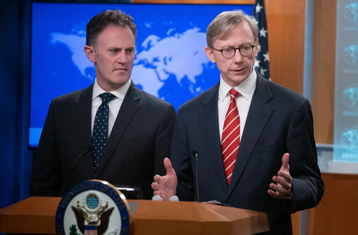 Brian Hook (R), U.S. Special Representative for Iran, and Ambassador Nathan Sales (L), State Department Coordinator for Counterterrorism, speak during a press conference at the State Department in Washington on April 8, 2019. (Saul Loeb/AFP via Getty Images)