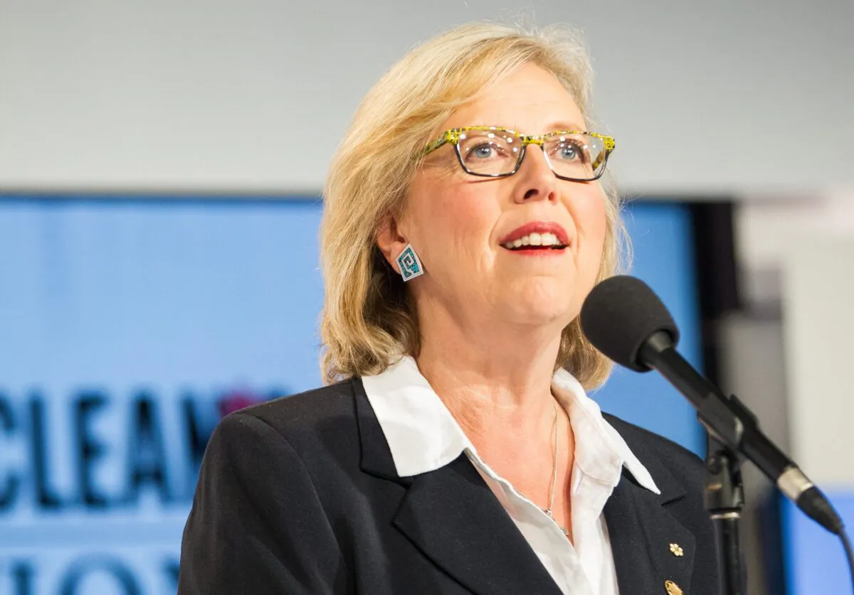 Green Party leader Elizabeth May speaks to reporters during a press conference following the first federal leaders debate of the 2015 Canadian election campaign in Toronto, Aug. 6, 2015. (Geoff Robins/AFP via Getty Images)