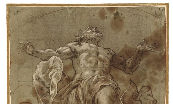 "The Ascension," circa 1570, by Lattanzio Gambara. Pen and brown ink, heightened with white, on blue-gray paper, squared for transfer; 11 13/16 inches by 9 5/16 inches. (Trustees of The British Museum)