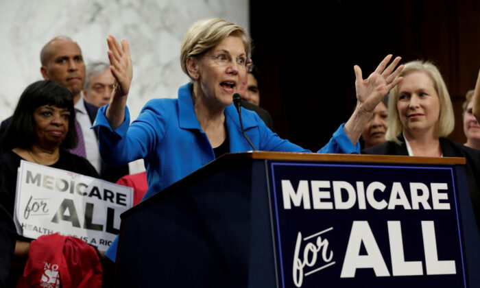 Sen. Elizabeth Warren (D-Mass.) speaks during an event to introduce the "Medicare for All Act of 2017" on Capitol Hill in Washington, U.S., Sept. 13, 2017. (Yuri Gripas/Reuters)