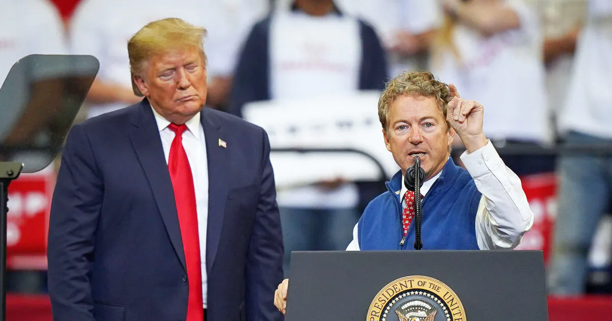 Former President Donald Trump looks on as Sen. Rand Paul (R-Ky.) speaks at a campaign rally at the Rupp Arena in Lexington, Ky., on Nov. 4, 2019. (Bryan Woolston/Getty Images)