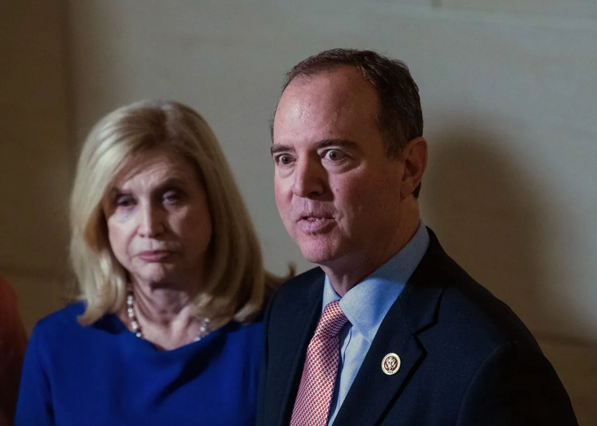 House Intelligence Committee Chairman Adam Schiff (D-Calif.) speaks to the press with acting House Oversight Chairwoman Carolyn Maloney (D-N.Y.) at the U.S. Capitol in Washington on Nov. 6, 2019. (Nicholas Kamm/AFP via Getty Images)