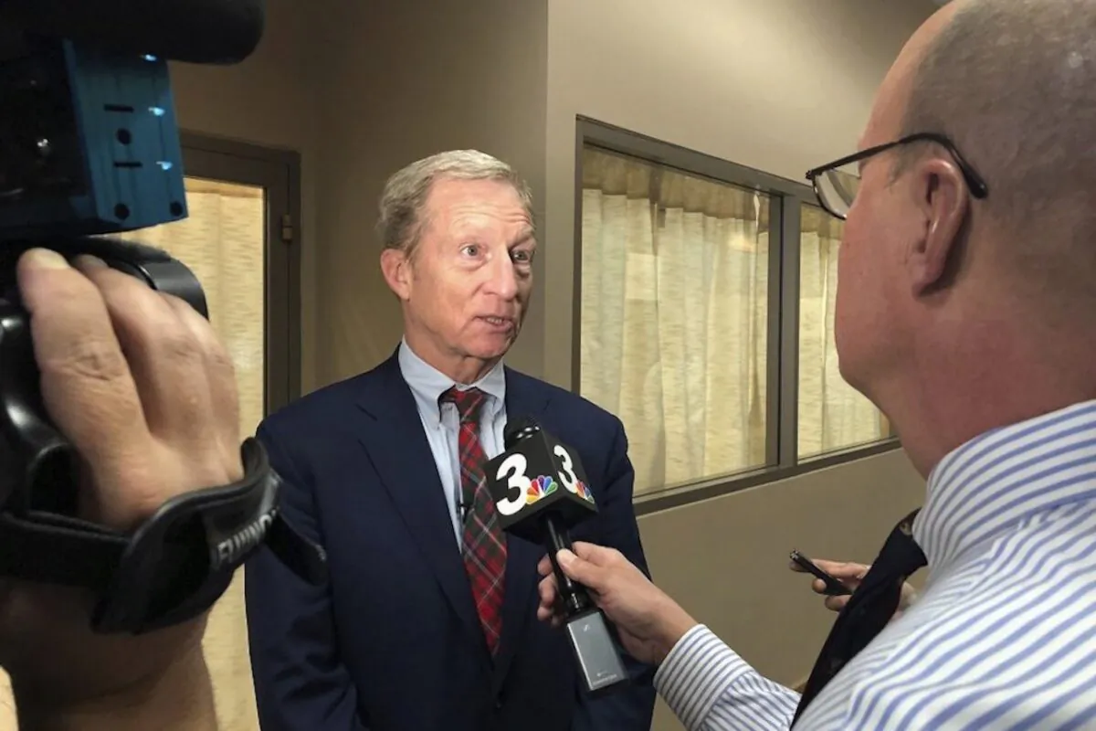 Democratic presidential candidate Tom Steyer speaks to reporters before hosting a town hall in Henderson, Nevada on Nov. 4, 2019. (Michelle L. Price/AP)