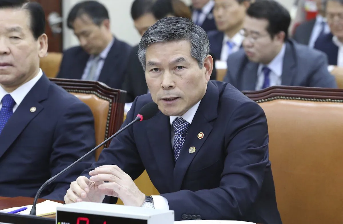 South Korean Defense Minister Jeong Kyeong-doo answers a lawmaker's question about North Koreans' deportation during a defense committee meeting at the National Assembly in Seoul, South Korea, on Nov. 7, 2019. (Kim Ju-hyung/Yonhap via AP)