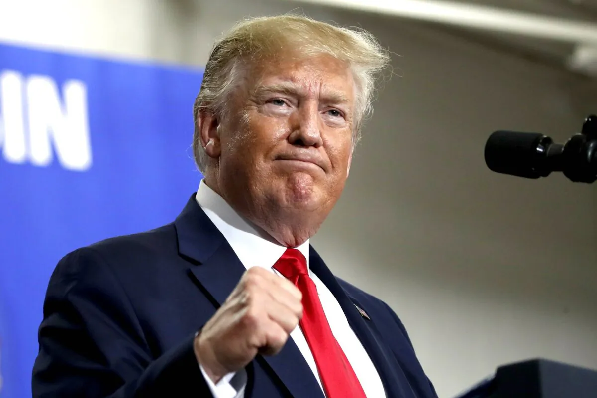 President Donald Trump speaks at Derco Aerospace Inc., a subsidiary of Lockheed Martin, in Milwaukee, Wisconsin, on July 12, 2019. (Alex Brandon/AP Photo)