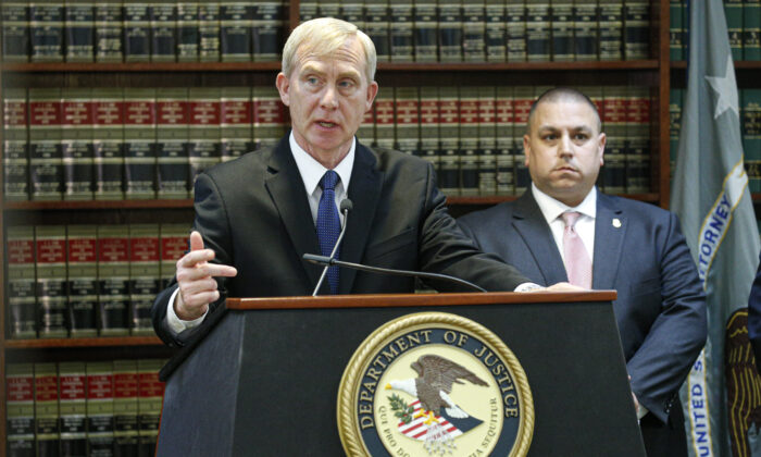 U.S. Attorney for the Eastern District of New York Richard Donoghue speaks during a press conference detailing the criminal charges filed against Aventura on illegal importation of Chinese surveillance equipment in New York, N.Y., on Nov. 7, 2019. (Kena Betancur/Getty Images)