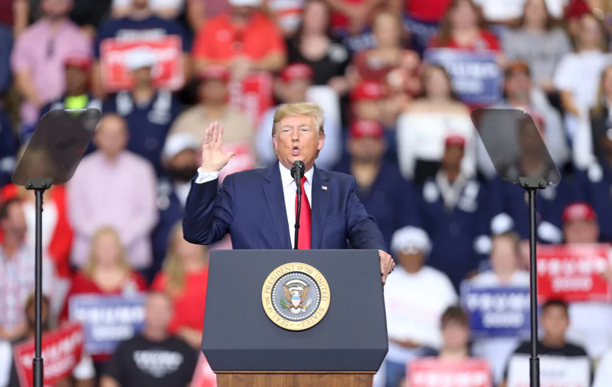 President Donald Trump speaks during a "Keep America Great" rally at the Monroe Civic Center in Monroe, Louisiana on Nov. 6, 2019. (Matt Sullivan/Getty Images)