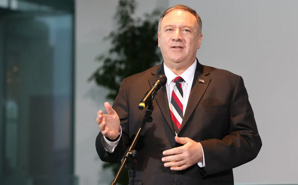 U.S. Secretary of State Mike Pompeo speaks during a press statement at the German Chancellery in Berlin, Germany on November 8, 2019. (Andreas Gora - Pool /Getty Images)