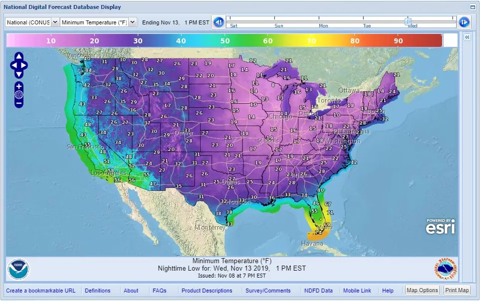 National Weather Service forecast depicting the low temperatures across the United States for Tuesday, Nov. 12. (Image: National Weather Service)