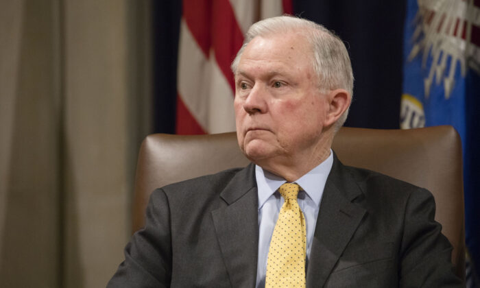Then-Attorney General Jeff Sessions at the Department of Justice Human Trafficking Summit in Washington on Feb. 2, 2018. (Samira Bouaou/The Epoch Times)