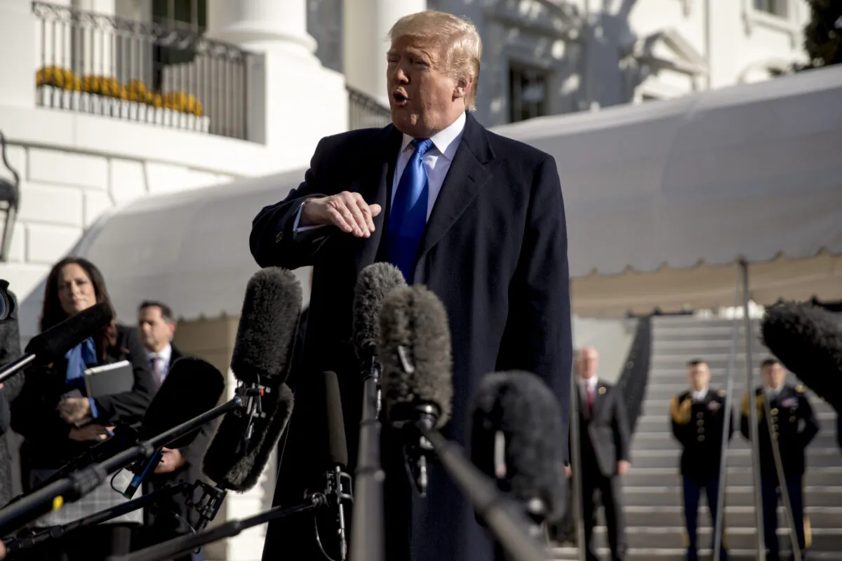 President Donald Trump speaks to reporters on the South Lawn of the White House in Washington on Nov. 8, 2019. (Andrew Harnik/AP Photo)
