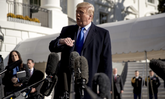 President Donald Trump speaks to reporters on the South Lawn of the White House in Washington on Nov. 8, 2019. (Andrew Harnik/AP Photo)