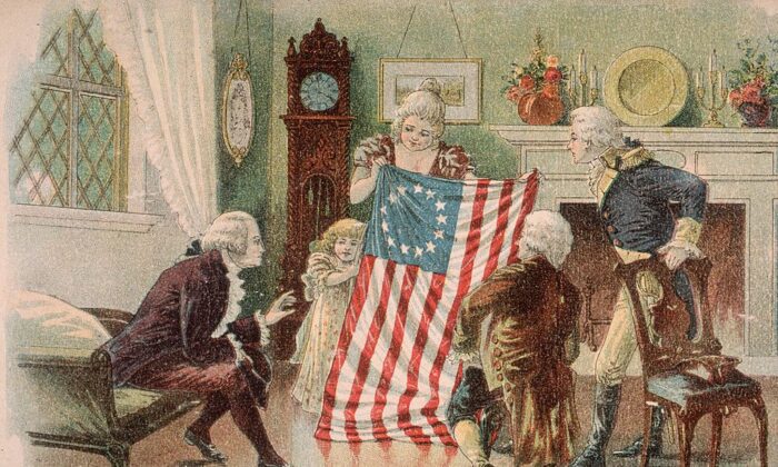American seamstress Betsy Ross showing the first design of the American flag to George Washington in Philadelphia.   (Photo by Hulton Archive/Getty Images)