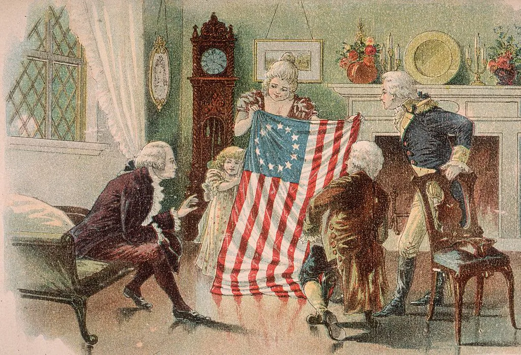 American seamstress Betsy Ross showing the first design of the American flag to George Washington in Philadelphia. (Photo by Hulton Archive/Getty Images)