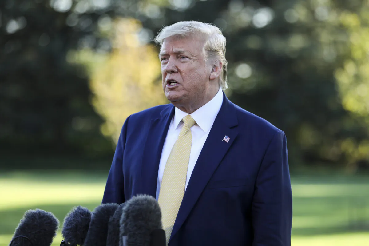 President Donald Trump speaks to media before departing the White House on Marine One on Oct. 11, 2019. (Charlotte Cuthbertson/The Epoch Times)