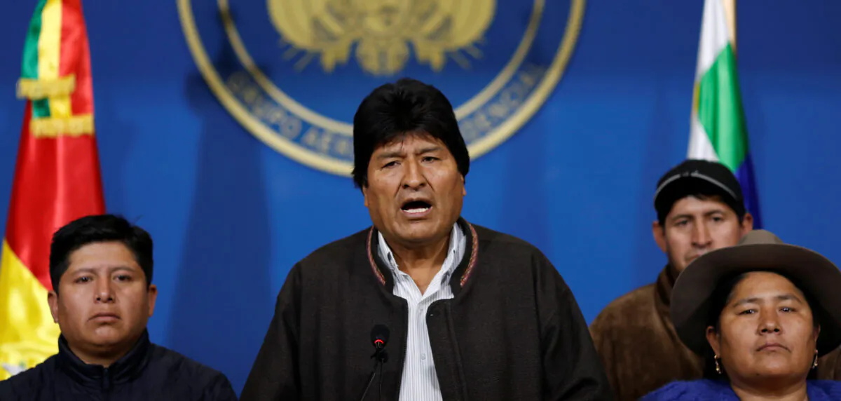 Bolivia's President Evo Morales addresses the media at the presidential hangar in the Bolivian Air Force terminal in El Alto, Bolivia, on Nov. 10, 2019. (Carlos Garcia Rawlins/Reuters)