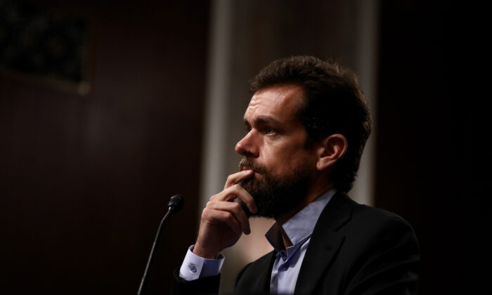 Jack Dorsey, CEO of Twitter Inc., testifies at a hearing to examine foreign influence operations' use of social media platforms before the Intelligence Committee at the Capitol in Washington on Sept. 5, 2018. (Samira Bouaou/The Epoch Times)