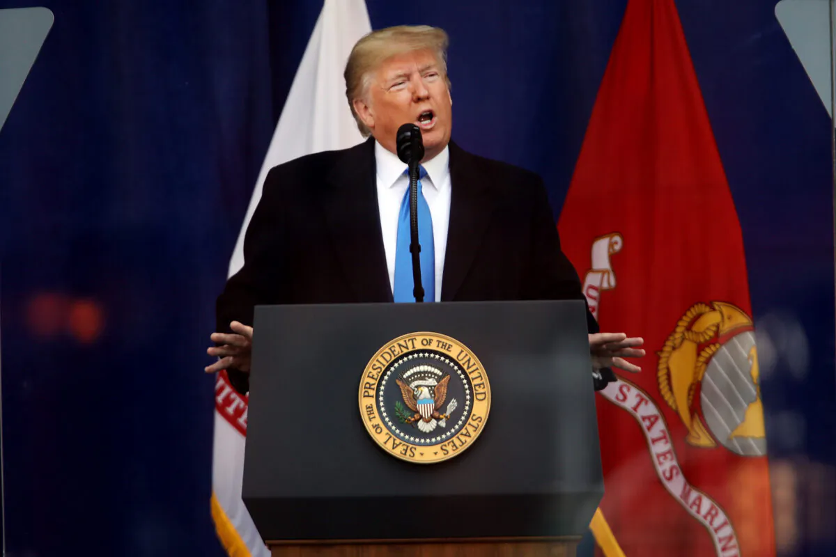 President Donald Trump speaks at the opening ceremony of Veterans Day Parade in New York on Nov. 11, 2019. (Spencer Platt/Getty Images)