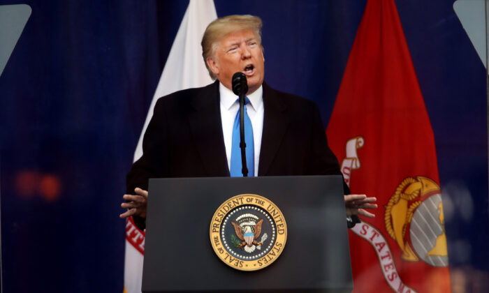 President Donald Trump speaks at the opening ceremony of Veterans Day Parade in New York on Nov. 11, 2019. (Spencer Platt/Getty Images)
