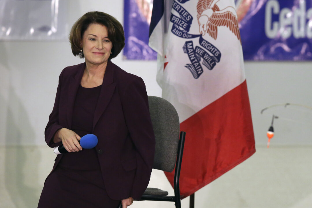 Democratic presidential candidate Sen. Amy Klobuchar (D-Minn.) speaks to guests during the Finkenauer Fish Fry at the Hawkeye Downs Event Center in Cedar Rapids, Iowa, on Nov. 2, 2019. (Joshua Lott/Getty Images)