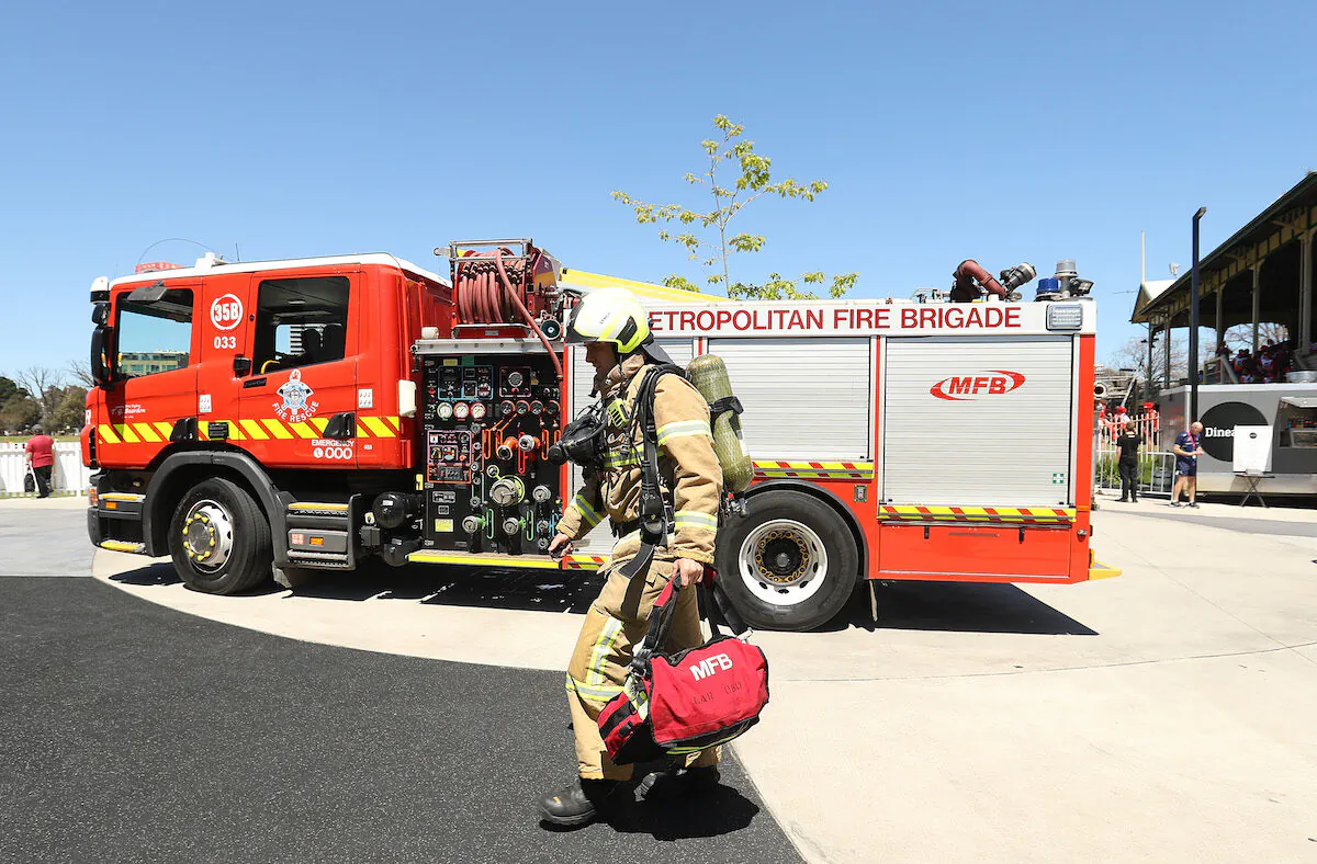 Firemen arrive after a fire alarm stopped at CitiPower Centre on Oct. 23, 2019 in Melbourne, Australia. (Robert Cianflone/Getty Images)